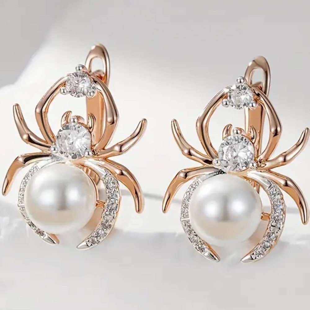 Spider golden earrings with faux pearl and rhinestones